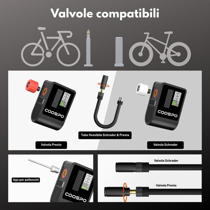 mini pompa elettrica bici coospo ap b1 120psi valvole prodotto